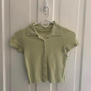 Light yellow green fitted John Galt button down collared crop top